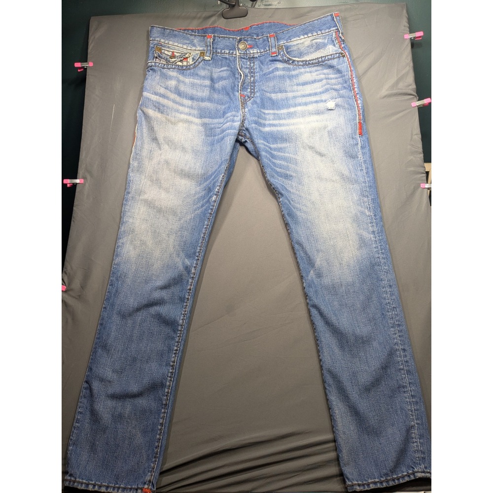 True Religion Rocco Relaxed Skinny Jeans Mens 42 Blue Red Contrast Stitch Denim